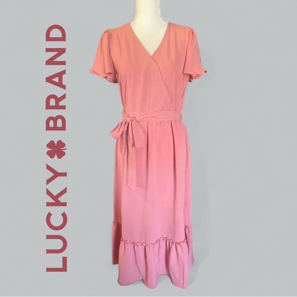 LUCKY BRAND Rose Pink Ruffled Midi Dress, NEW - Picture 3 of 3